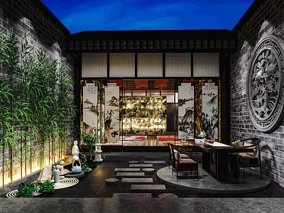 Traditional Chinese Garden Landscape With Bamboo Stone Path Carvings And Ink Painting Screen 3d model