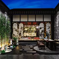 Traditional Chinese Garden Landscape With Bamboo Stone Path Carvings And Ink Painting Screen