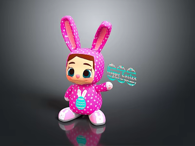 Cute Plush Toy With Rabbit Ears And Pink Polka Dot Outfit Holding Happy Easter Sign 3d model