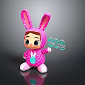 Cute Plush Toy With Rabbit Ears And Pink Polka Dot Outfit Holding Happy Easter Sign