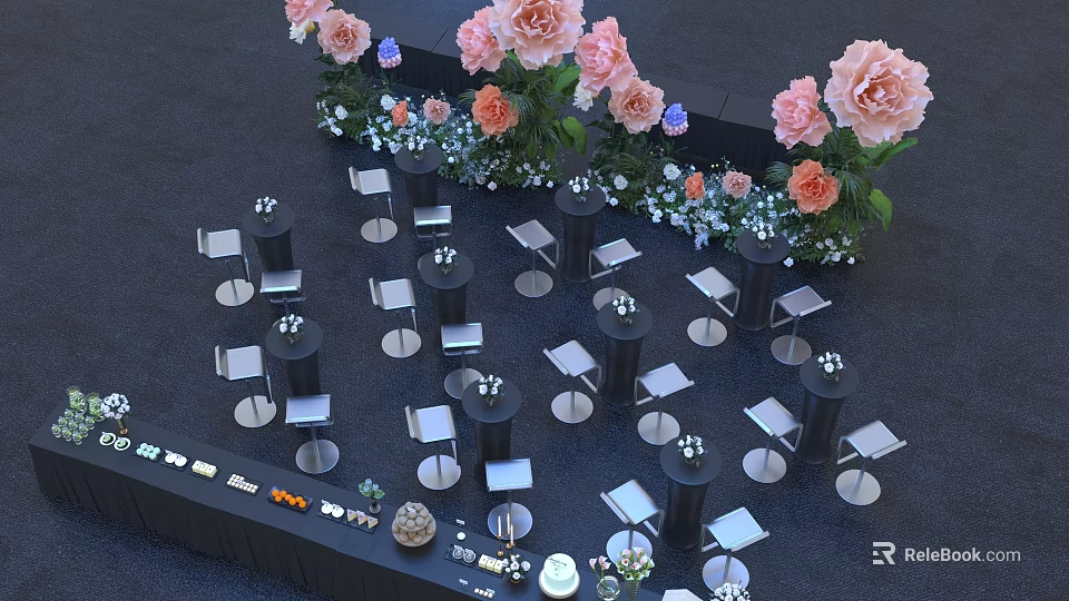 Interactive Area Setup With High Top Tables Chairs And Pink Orange Flower Decorations 3d model