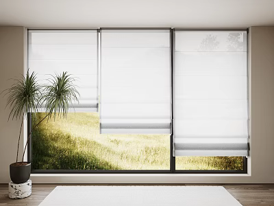 White Venetian Blinds Featuring Green Grass View Natural Light And Indoor Plant 3d model