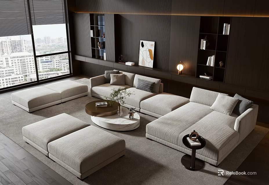 Contemporary Beige Sofa and Coffee Table Set with Floor to Ceiling Window and Bookshelves 3d model 