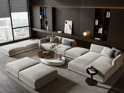 Contemporary Beige Sofa and Coffee Table Set with Floor to Ceiling Window and Bookshelves 3d model