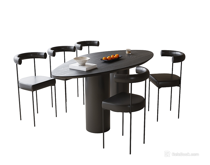 Modern Black Oval Dining Table And Chairs Set With Curved Backrest And Fruits 3d model 