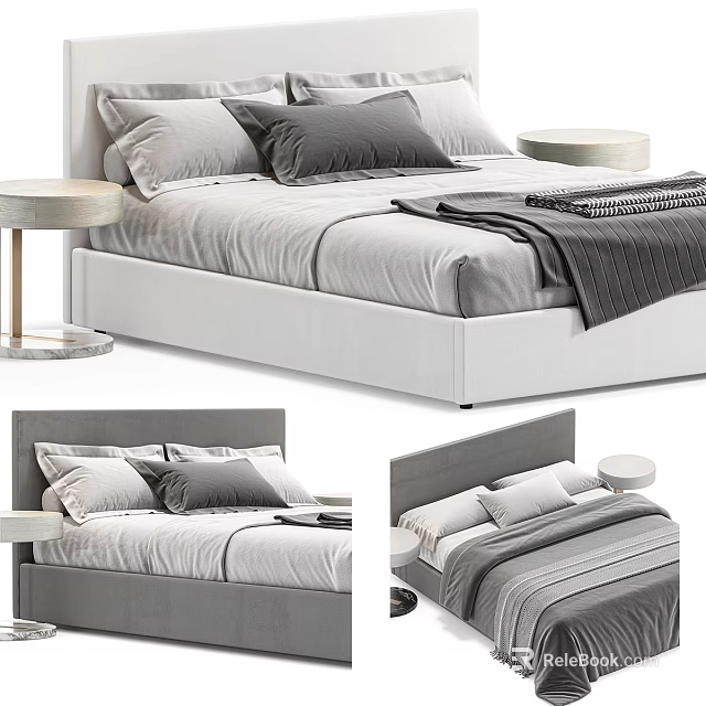Cozy Modern Double Bed With Gray Bedding Headboard Folded Blanket And Round Nightstand 3d model 