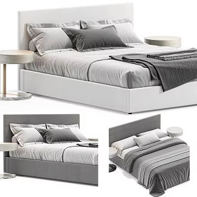 Cozy Modern Double Bed With Gray Bedding Headboard Folded Blanket And Round Nightstand 3d model