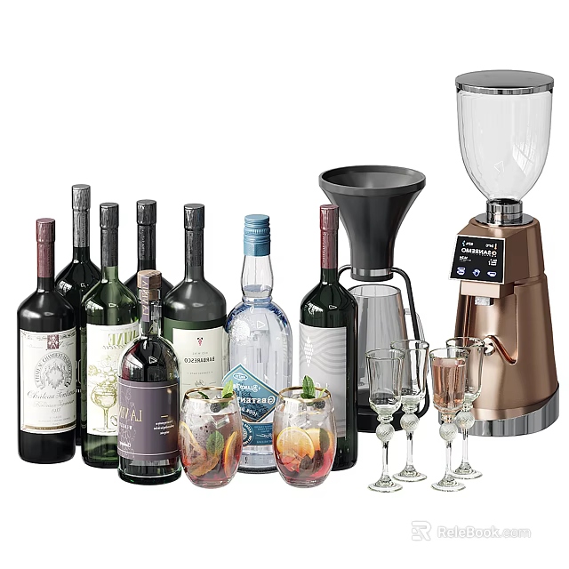 Various Wine Bottles And Elegant Wine Glasses With Cocktail Shaker And Mixed Drinks 3d model 