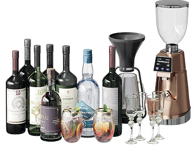 Various Wine Bottles And Elegant Wine Glasses With Cocktail Shaker And Mixed Drinks 3d model