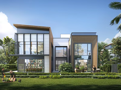 Modern Detached Villa With Large Glass Windows Wooden Elements And Green Lawn Garden 3d model