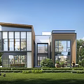 Modern Detached Villa With Large Glass Windows Wooden Elements And Green Lawn Garden