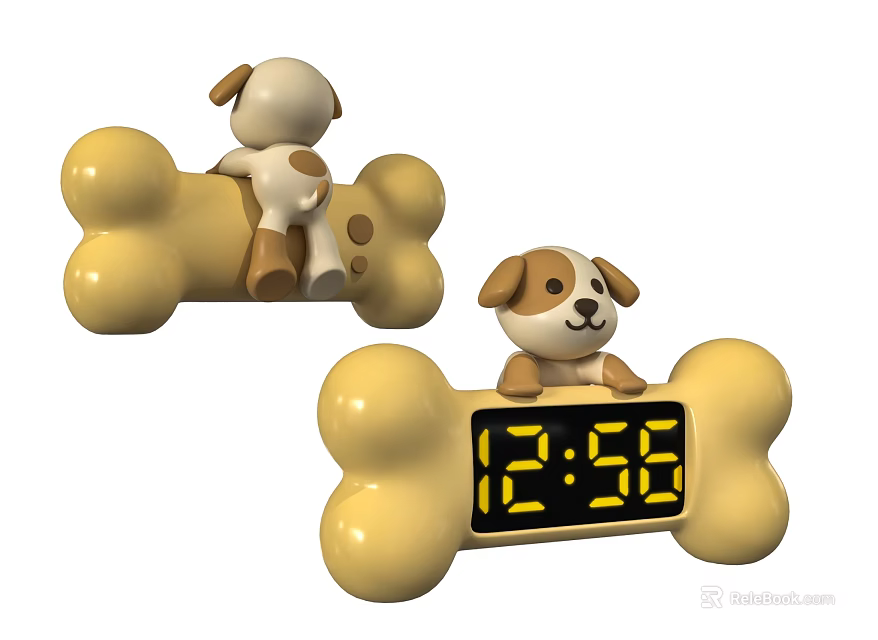Cute Reptile Figurine On Bone Shaped Digital Clock Showing 1238 Time 3d model 