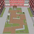 Sunny Courtyard Garden Landscape with Red Brick Buildings Wooden Deck Colorful Trees and Benches