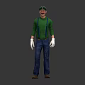 Character Design Front Side Back Views Green Shirt Blue Suspenders White Gloves