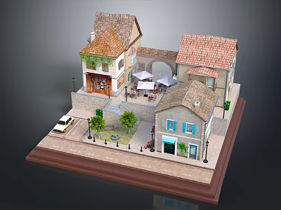 Traditional European Architectural Model With Terracotta Roofs Small Plaza Outdoor Seating And Vintage Car 3d model