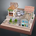 Traditional European Architectural Model With Terracotta Roofs Small Plaza Outdoor Seating And Vintage Car