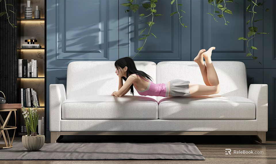 Woman Lying on White Sofa with Blue Wall Green Plants Bookshelf and Carpet 3d model 