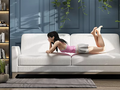 Woman Lying on White Sofa with Blue Wall Green Plants Bookshelf and Carpet 3d model