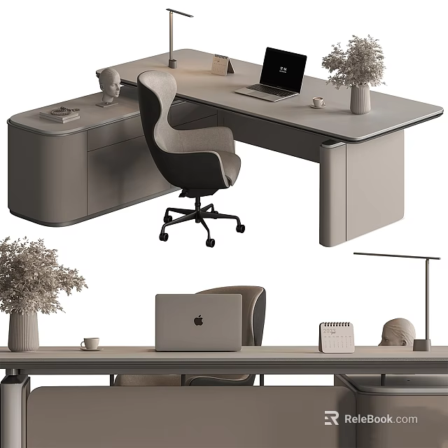 Modern Desk And Chair Set With Laptop Vase Cup And Calendar 3d model 