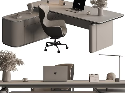 Modern Desk And Chair Set With Laptop Vase Cup And Calendar 3d model