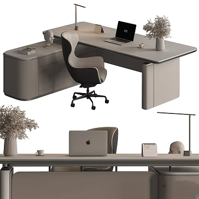 Modern Desk And Chair Set With Laptop Vase Cup And Calendar 3d model
