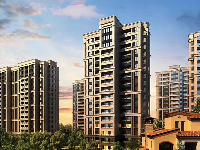 Modern High Rise Residential Buildings with Greenery Surroundings and Blue Sky Clouds View 3d model