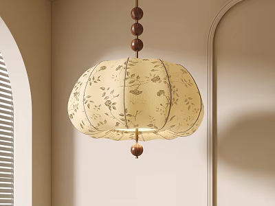 Elegant Pendant Light Featuring Ivory Floral Fabric Shade And Wooden Bead Chain In Minimalist Interior 3d model