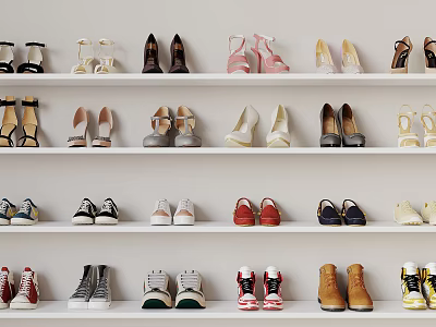 Variety of Shoes Displayed On White Shelves 3d model