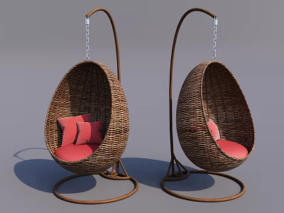 Two Wicker Egg Shaped Hammocks With Red Cushions And Metal Stands 3d model