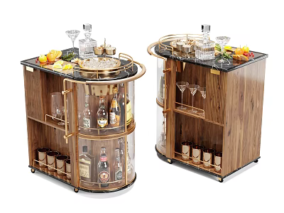 Commercial Bar Equipment Wooden Cabinet With Glass Doors Bottles Wine Glasses Bartending Tools And Fruits 3d model