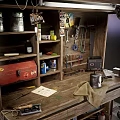 Rustic Functional Desk With Wooden Worktop Green Drawers Tool Storage And Metal Stool
