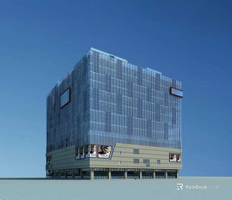 Modern Glass Curtain Wall Office Building Exterior Design With Commercial Ground Floor And Advertising Billboards 3d model 