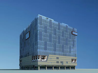 Modern Glass Curtain Wall Office Building Exterior Design With Commercial Ground Floor And Advertising Billboards 3d model