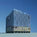 Modern Glass Curtain Wall Office Building Exterior Design With Commercial Ground Floor And Advertising Billboards
