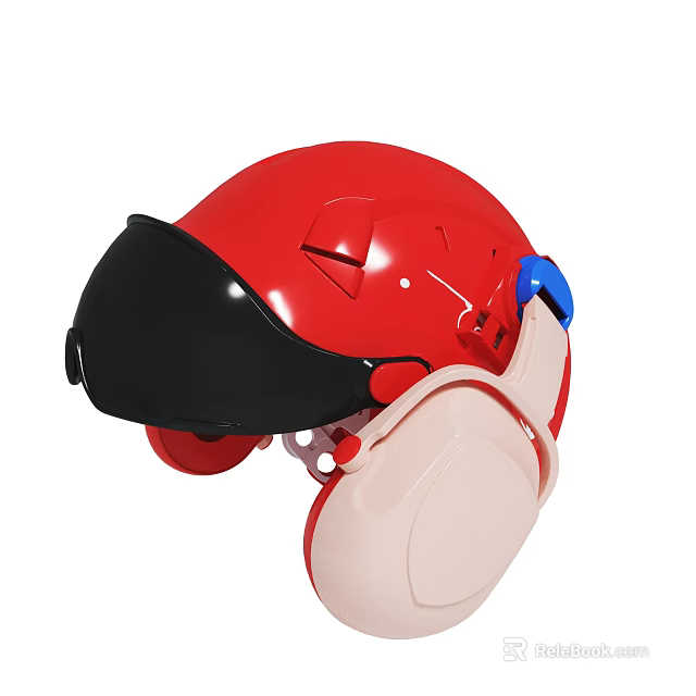 Red Safety Helmet With Black Visor Pink Ear Protectors And Blue Components 3d model 