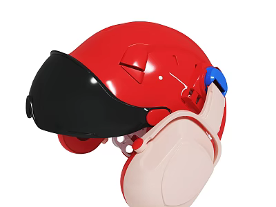 Red Safety Helmet With Black Visor Pink Ear Protectors And Blue Components 3d model