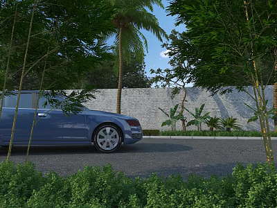 Road Infrastructure With Blue Car Gray Road Surface White Brick Wall And Trees 3d model