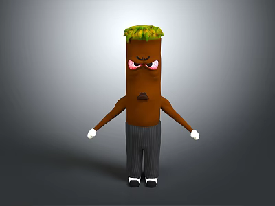 Anthropomorphic Creature With Brown Body Green Leafy Top Striped Pants White Gloves And Angry Expression 3d model