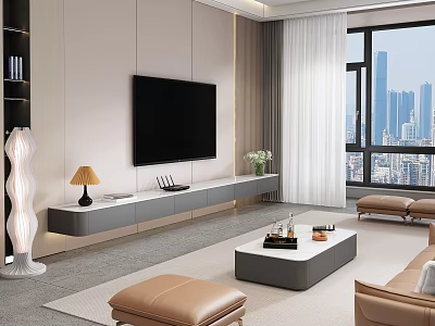 Modern Wall Mounted TV Stand In Contemporary Living Room With TV And Decorative Items 3d model