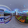 Fresh Fruit Store Interior With Well Arranged Fruit Counters And Blue Member Banners
