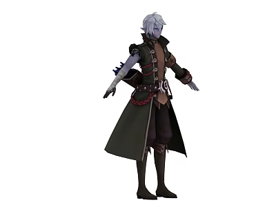 White Haired Fantasy Game Character With Long Dark Coat Red Accents And Adventurous Outfit Design 3d model