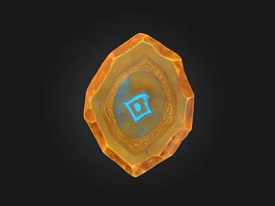 Wooden Stone Artifact In Orange With Intricate Carved Patterns And Blue Symbol 3d model