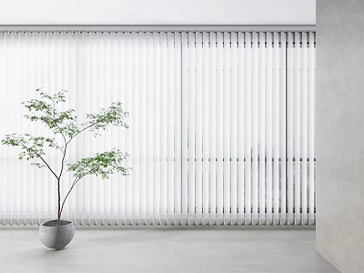 White Blinds Covering Window In Modern Interior With Green Plant And Light Floor 3d model