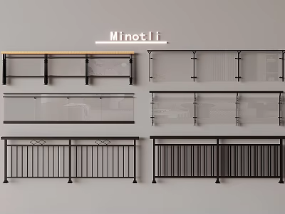 Various Railing Designs With Glass Panels Metal Frames And Wooden Rails 3d model