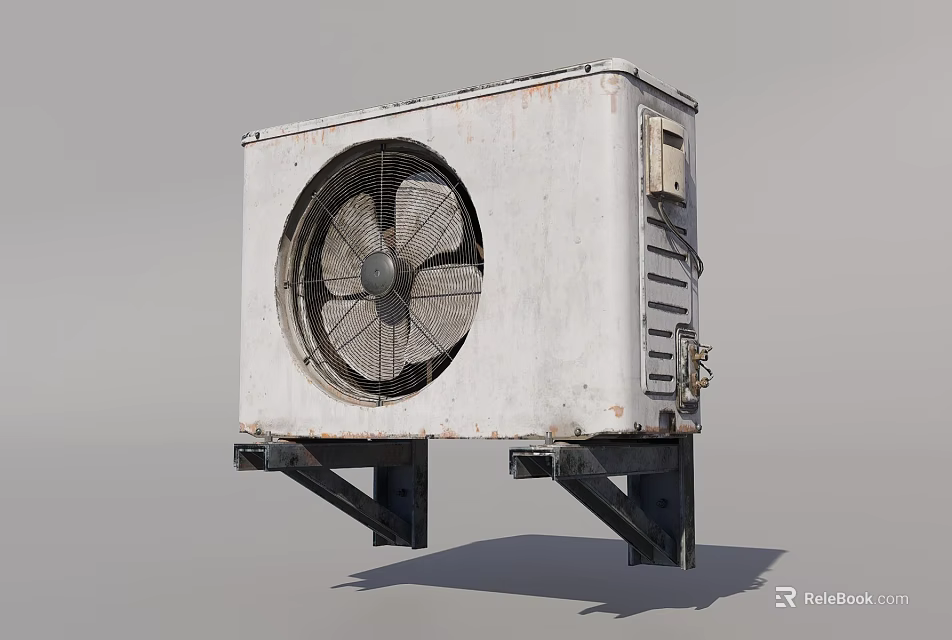 Outdoor Air Conditioner Fan With White Casing Circular Blade And Black Mounting Brackets 3d model 