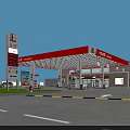Gas Station With Red Canopy Fuel Pumps And Pedestrians Nearby Vehicles
