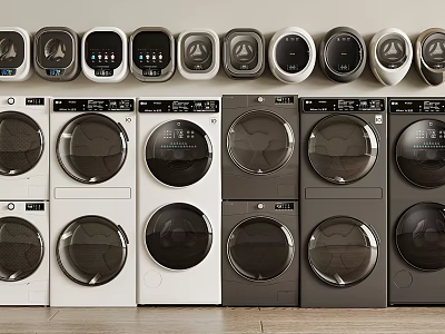 Modern Front Loading Washing Machines In Various Colors With Sleek Control Panels 3d model