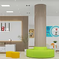 School Cultural Center with Glass Doors Green Sofa Yellow Chairs and Display Posters