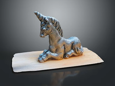 Artistic Reclining Unicorn Metal Sculpture Carving On Wooden Base 3d model