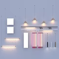 Modern Lighting Combination With Pendant Lights Linear Fixtures Square Panels And Colorful Stripes